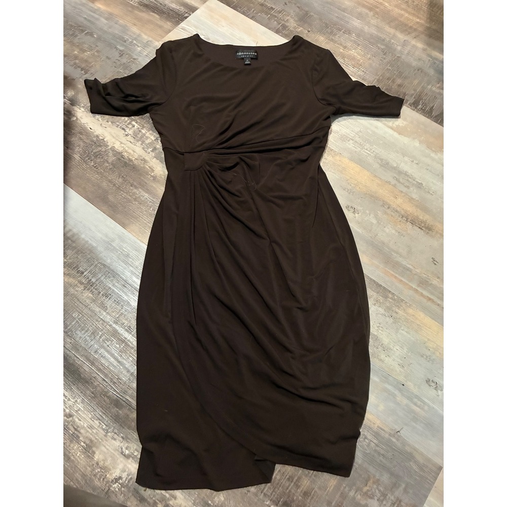 Connected Apparel Women Brown Short Sleeve Side Knot Drape Sheath Dress Size 14